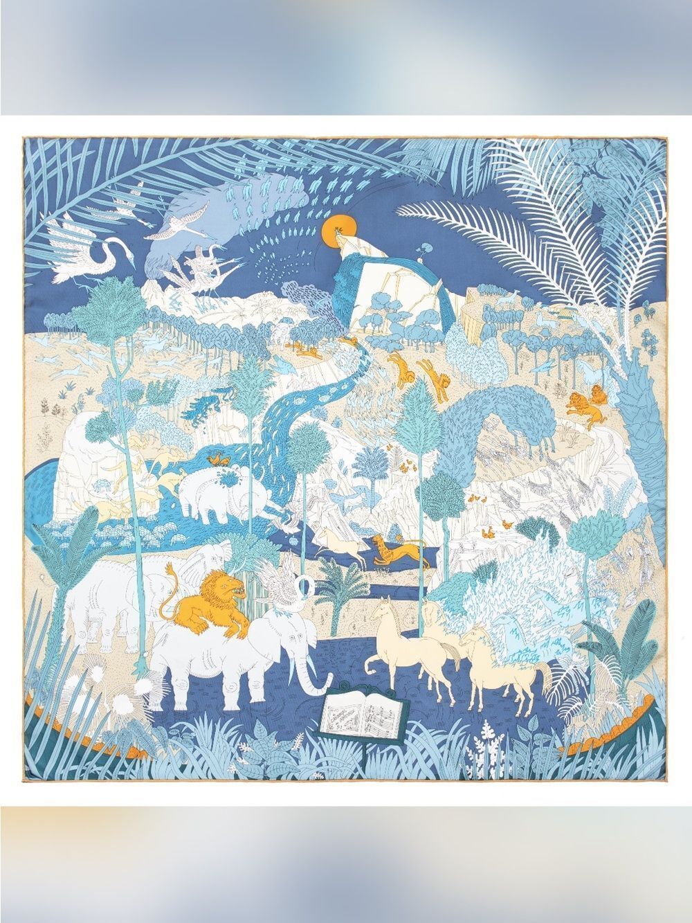 Mulberry Silk Blue & Cream Illustrated Safari Scarf (022)